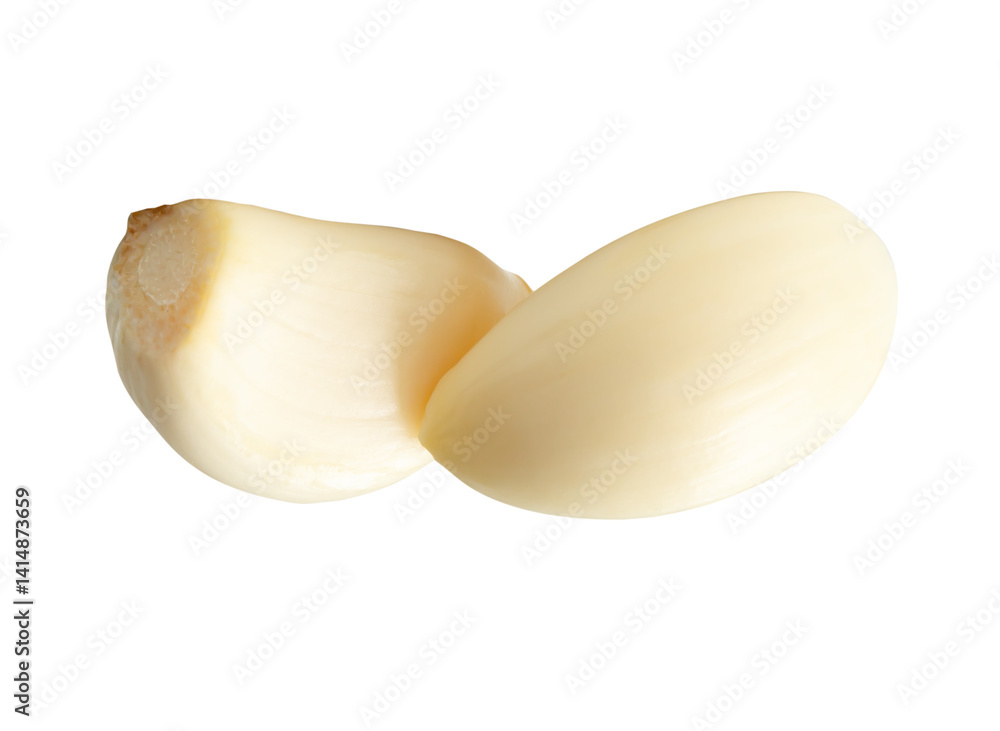 Side view of peeled garlic cloves or pieces in stack isolated with clipping path in png file format Side view of peeled garlic cloves or pieces in stack isolated with clipping path in png file format