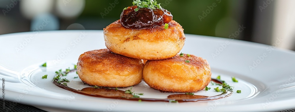 Small, perfectly browned goat cheese mini tarts topped with jam and herbs showcase intricate details on a white plate
