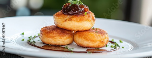 Small, perfectly browned goat cheese mini tarts topped with jam and herbs showcase intricate details on a white plate