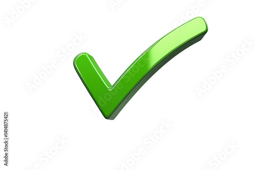 Sleek, green checkmark against a stark transparent background, glossy and slightly tilted with shadow