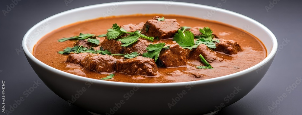 Rich goulash stew in a rustic bowl highlights juicy beef, vibrant sauce, and fresh coriander on a rustic wooden table setting
