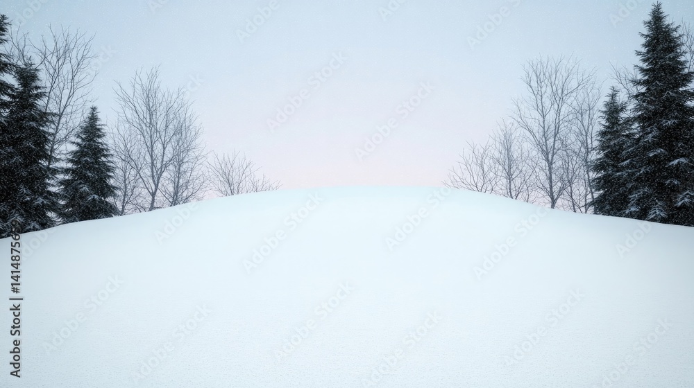 Obraz premium Snow-covered landscape under soft pastel sky, serene trees linin