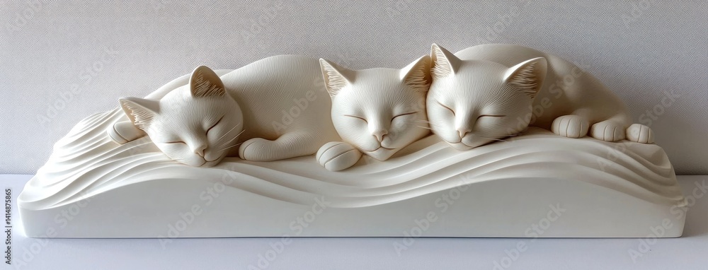 Smooth white ceramic sculpture depicts two cats in an infinity shape, set against a plain background with soft lighting