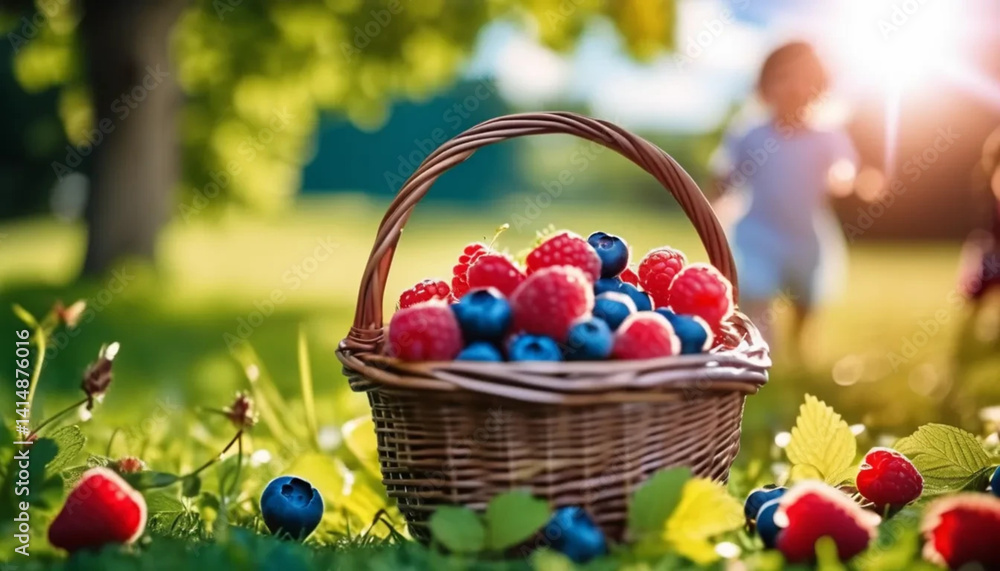 Fresh berries in a wicker basket on the grass.