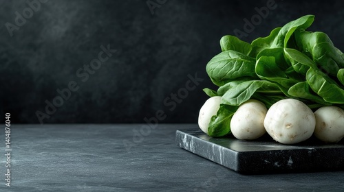 Fresh green spinach leaves and white button mushrooms on a dark marble cutting board in a moody kitchen setting.