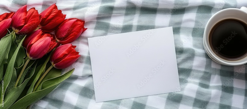 A blank card rests next to vibrant tulips and a warm cup of coffee atop a bed with a mint green backdrop.