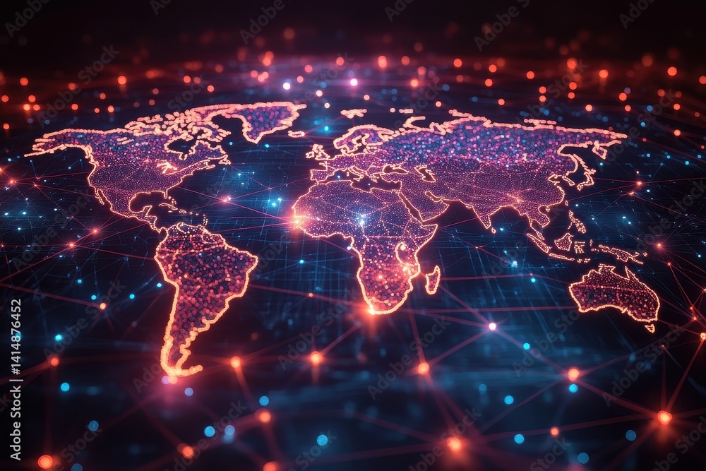Fototapeta premium Vibrant digital world map showcasing global connectivity through illuminated nodes and connections at night