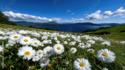 White daisies bloom on a green grassy hill overlooking a deep blue lake and distant mountains under a sunny sky.