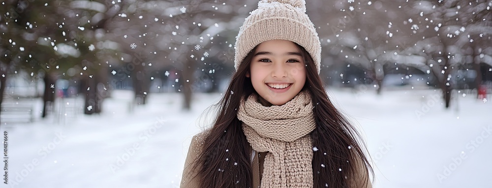 Brightly smiling girl in beige winter clothes plays in the snow, surrounded by a peaceful snowy landscape during a sunny day