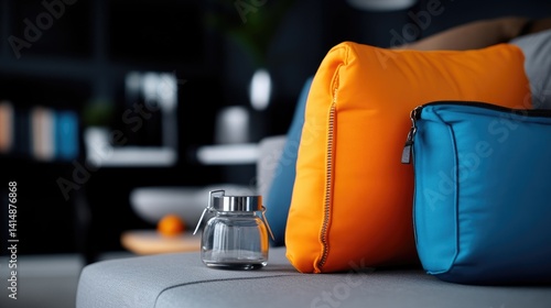 Bright orange pillow and blue pouch next to a small glass jar on a grey sofa in a modern living room.