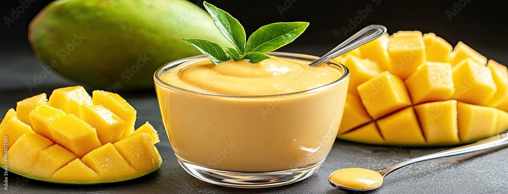Mango sauce elegantly drips from a spoon into a glass bowl, complemented by scattered mango pieces and a dark blue background