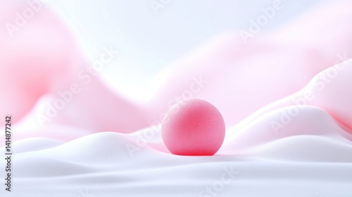 Single pink sphere resting on soft flowing white and pink silk fabric in a bright studio setting.
