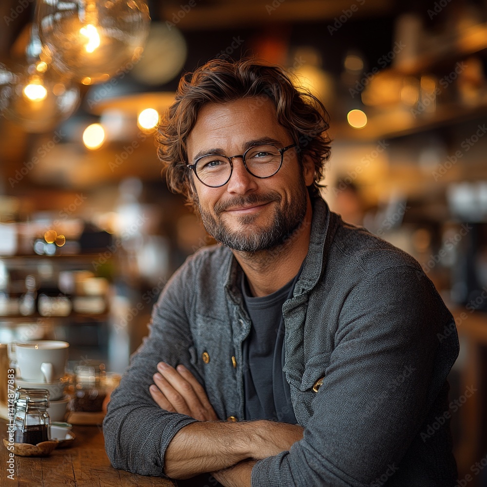 Obraz premium Successful Cafe Owner Smiling in a Modern Coffee Shop Interior