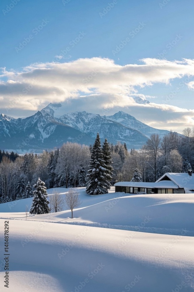 Obraz premium snowy landscape with a cabin and trees in the foreground