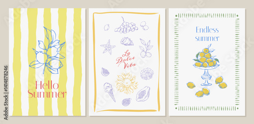 Italian summer posters with hand drawn coastal elements doodles. Mediterranean vintage summer cards with lemons, grapes, sunflowers, sea shells, in la dolce vita style. For posters, postcard, banners.