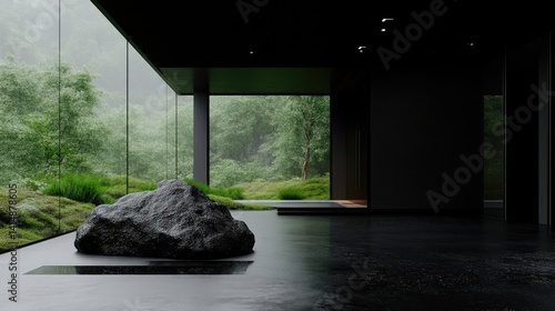 Large black rock sits on a dark floor inside a minimalist modern room with floor-to-ceiling glass windows overlooking a lush green forest.