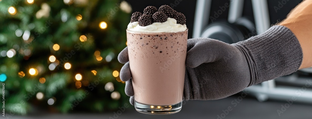 Delicious smoothie topped with chocolate and cream sits in a gym, ideal for a refreshing treat after an intense workout routine