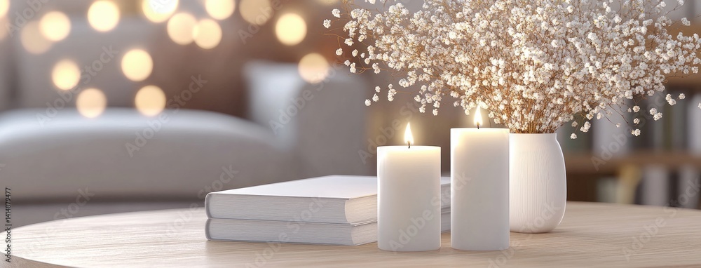 Candles and books create a warm ambiance on a coffee table adorned with babys breath flowers in a modern, cozy living room