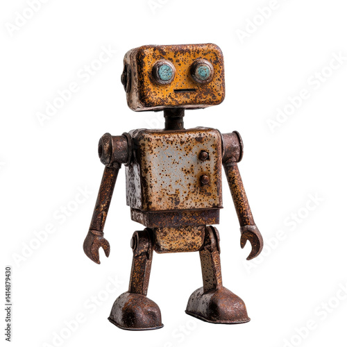 Vintage Robot Toy Made of Metal with Rusty Finish and Bright Blue Eyes, Showcasing Classic Retro Design and Unique Charm