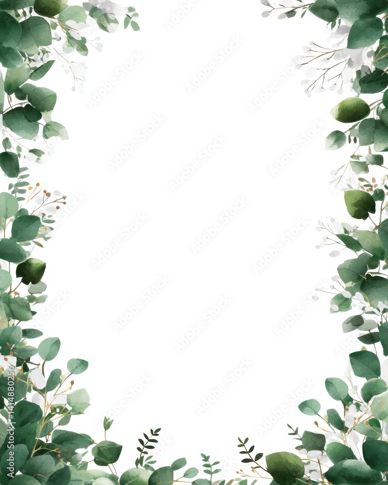 Fototapeta premium Watercolor Eucalyptus Frame with Delicate Greenery and White Flowers for Elegant Invitation Design
