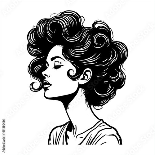 Elegant woman with voluminous curly hair in profile view, black and white vintage illustration style art.