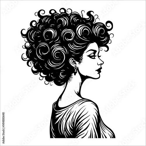 Elegant woman with voluminous curly hair in profile view, black and white vintage illustration style art.