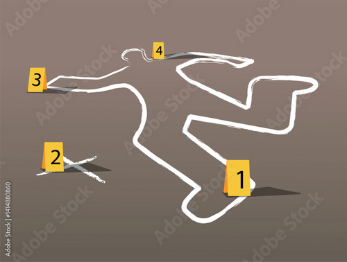 Crime scene illustration with chalk body outline and numbered evidence markers. Perfect for forensic, investigation, mystery, or true crime related concepts.
