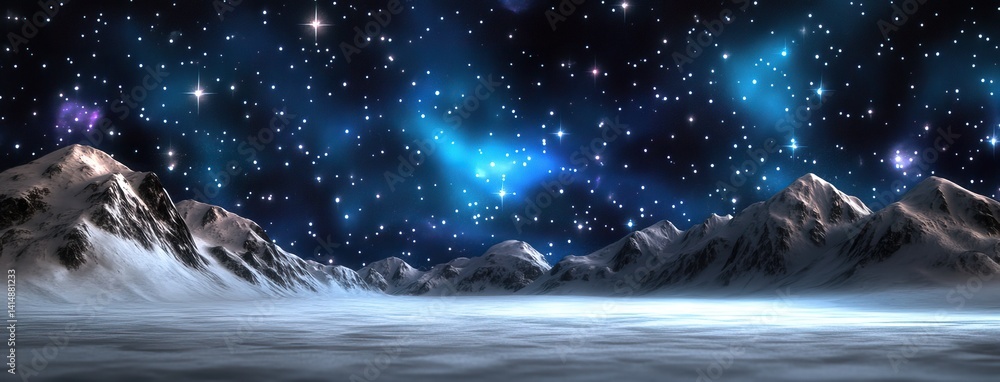 Teal and white hues of the Northern Lights glow over snowy peaks, with a winding stream enhancing the enchanting winter setting