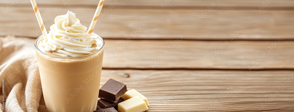Milkshake with two straws and white chocolate cubes rests on a wooden table, inviting a perfect moment of indulgence