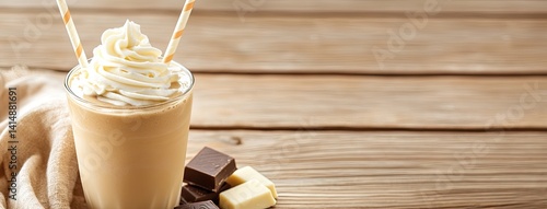 Obraz na płótnie Milkshake with two straws and white chocolate cubes rests on a wooden table, inviting a perfect moment of indulgence w salonie