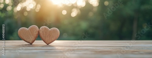 Obraz na płótnie Two wooden hearts rest on a rustic table with a blurred background of green trees illuminated by soft sunlight, expressing love w salonie