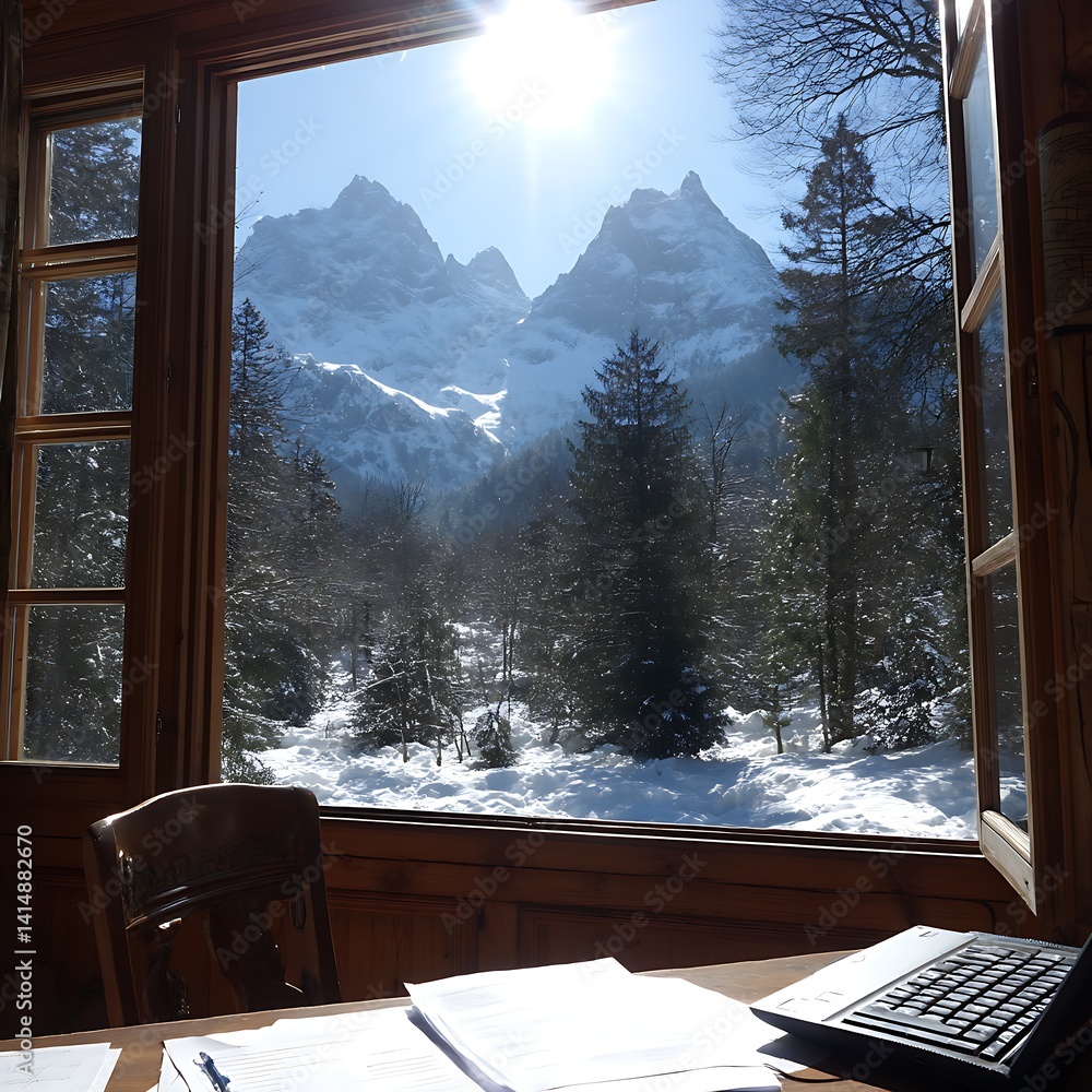 Obraz premium View From Window Mountain Scenery Snow Covered Peaks Laptop Papers on Desk Indoors Serene Study.