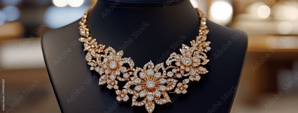 Ornate gold necklace adorned with diamonds showcases intricate scrollwork on display, radiating a sense of luxurious opulence