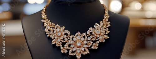 Ornate gold necklace adorned with diamonds showcases intricate scrollwork on display, radiating a sense of luxurious opulence