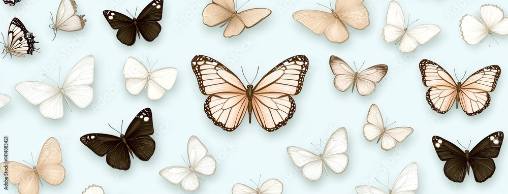 Colorful butterflies of different species and sizes are scattered elegantly across a soft blue background, creating a delicate ambiance