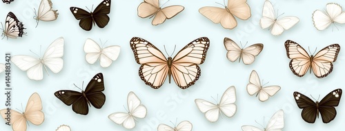 Obraz na płótnie Colorful butterflies of different species and sizes are scattered elegantly across a soft blue background, creating a delicate ambiance w salonie