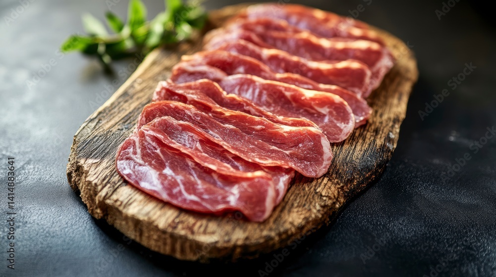 Thinly sliced cured meat arranged on a rustic wooden board. Thinly sliced cured meat arranged on a rustic wooden board.