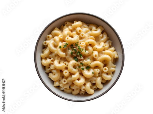 Delicious Macaroni and Cheese Bowl, Comfort Food Delight with Creamy Sauce, Topped with Herbs, on a Plain Backdrop, Perfect for Home Cooking and Food Photography