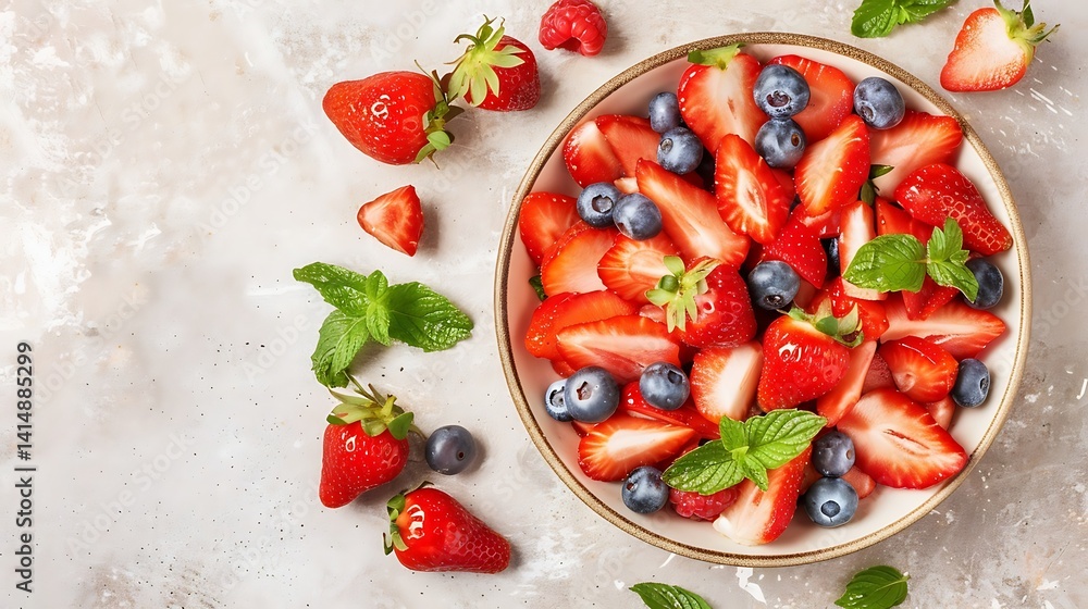 Refreshing summer berry salad with strawberries, blueberries and mint leaves Refreshing summer berry salad with strawberries, blueberries and mint leaves