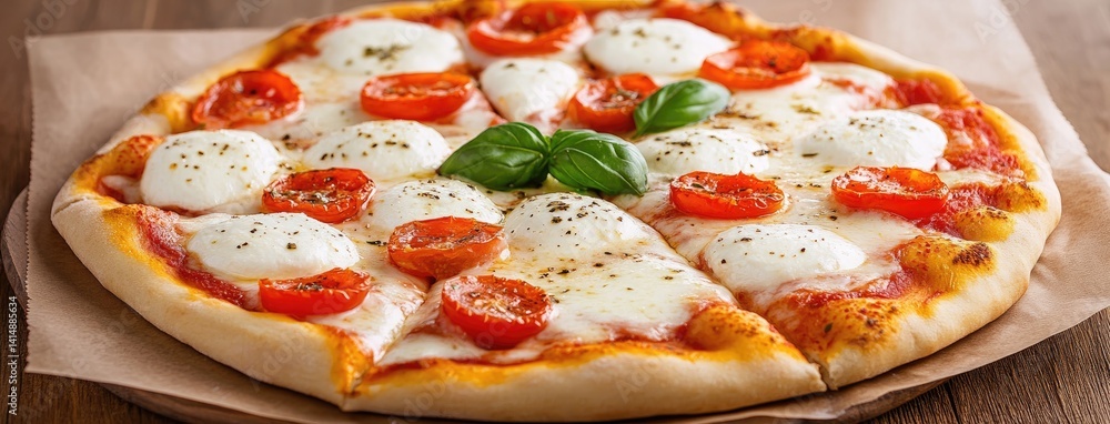 Mouthwatering Italian pizza topped with mozzarella, cherry tomatoes, and basil placed on a rustic wooden table with fresh ingredients.