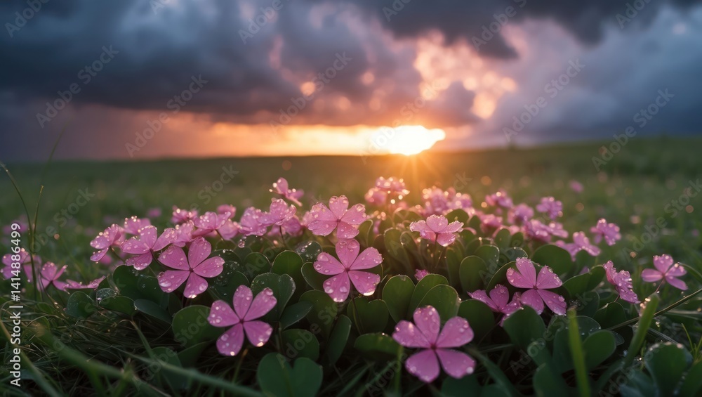 Fototapeta premium Pink Flower Blossoms with Dew Drops at Cloudy Sunrise Landscape