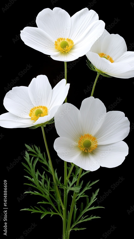 Tall green stems bear elegant white cosmos flowers, showcasing vibrant yellow centers in a minimalistic composition with soft bokeh