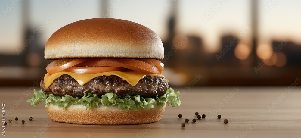 Mouthwatering cheeseburger features a golden bun with sesame seeds, oozing cheddar, crisp lettuce, and juicy tomato slices.