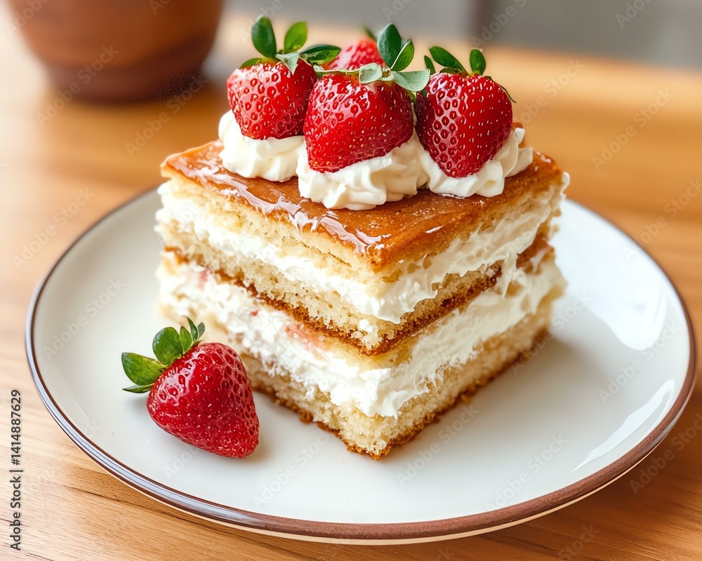 Indulge in a delightful slice of creamy dessert, layered with rich frosting and topped with fresh strawberries, perfect for any occasion. Indulge in a delightful slice of creamy dessert, layered with rich frosting and topped with fresh strawberries, perfect for any occasion.