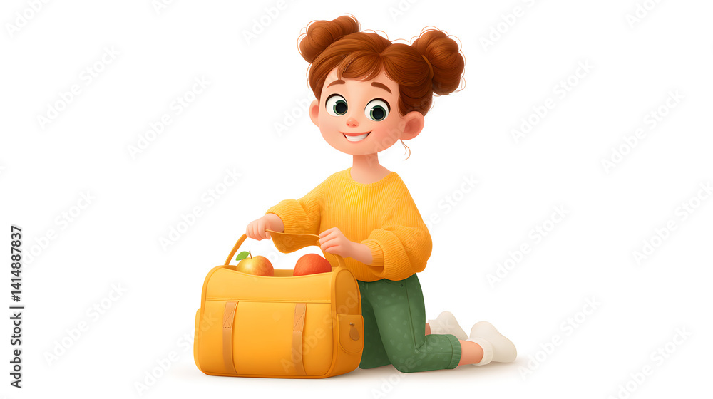 Cheerful Girl Packing Fruit in Yellow Backpack