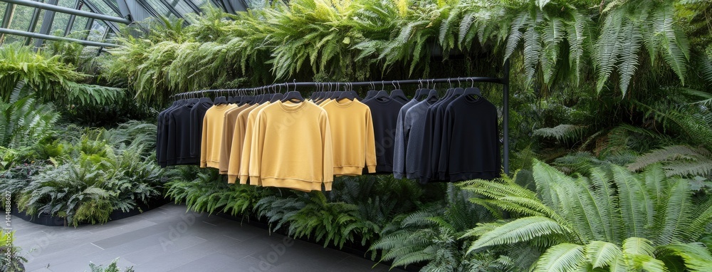 Colorful rack showcases yellow apparel amidst greenery in a contemporary urban shop setting