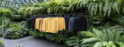Obraz na płótnie Colorful rack showcases yellow apparel amidst greenery in a contemporary urban shop setting w salonie