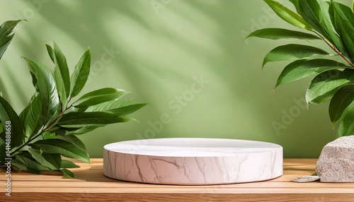 Beautiful green minimal pedestal podium, for cosmetic product presentation, 3d rendering illustration.