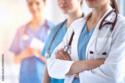A group of healthcare professionals standing with confidence, demonstrating teamwork and expertise in medicine and patient care