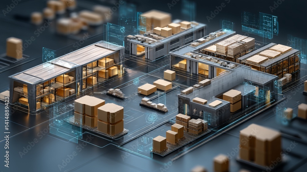 Futuristic warehouse tech Digital logistics and visualization of delivery and product analysis in industry Futuristic warehouse tech Digital logistics and visualization of delivery and product analysis in industry